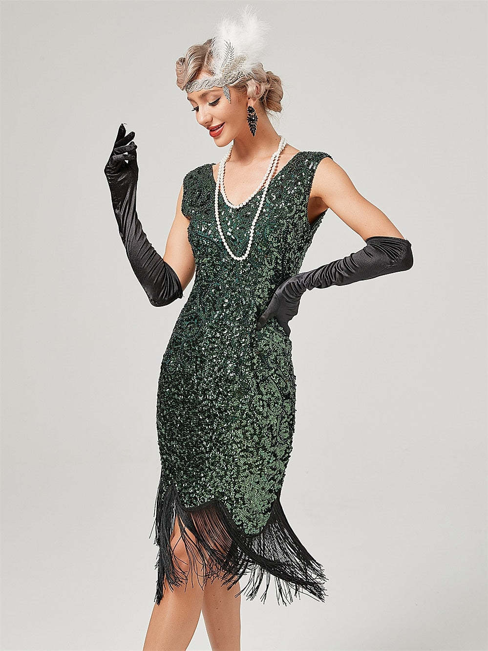 Vintage Off-the-Shoulder A-Line Dress with Jewel Neck Sequins and Tassel Fringe