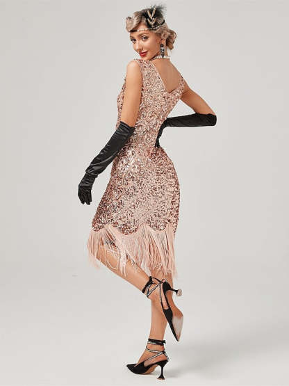 Vintage Off-the-Shoulder A-Line Dress with Jewel Neck Sequins and Tassel Fringe