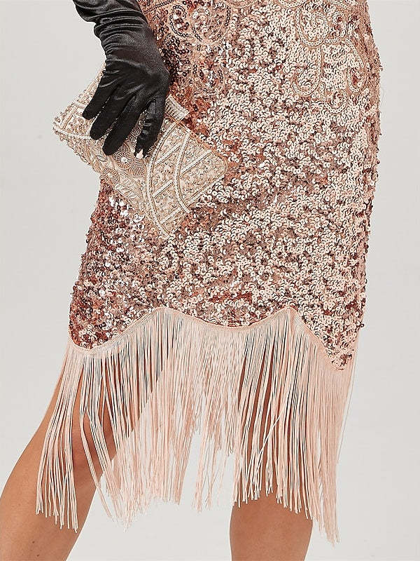 Vintage Off-the-Shoulder A-Line Dress with Jewel Neck Sequins and Tassel Fringe