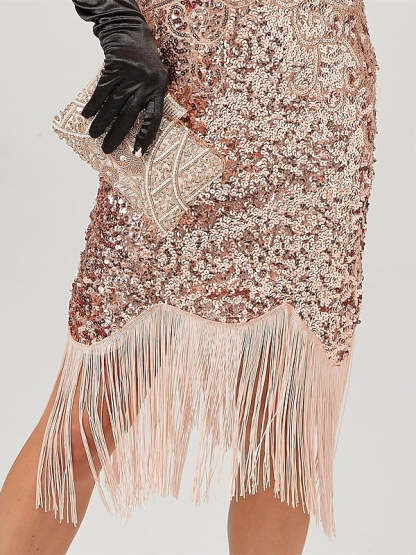 Vintage Off-the-Shoulder A-Line Dress with Jewel Neck Sequins and Tassel Fringe