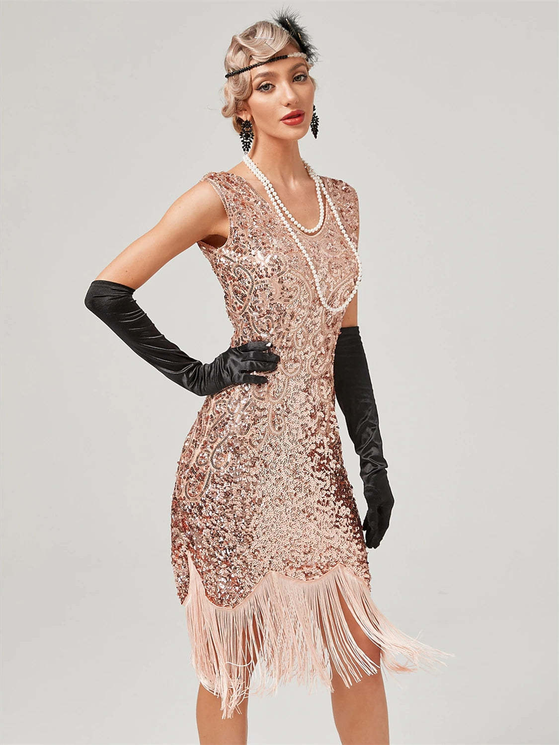 Vintage Off-the-Shoulder A-Line Dress with Jewel Neck Sequins and Tassel Fringe
