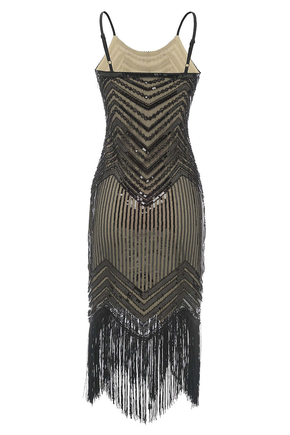 Vintage Tea-Length Sleeveless Dress with Spaghetti Straps Sequins and Tassel Fringe