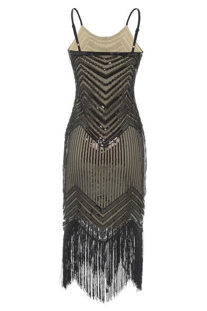 Vintage Tea-Length Sleeveless Dress with Spaghetti Straps Sequins and Tassel Fringe