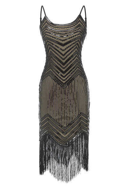 Vintage Tea-Length Sleeveless Dress with Spaghetti Straps Sequins and Tassel Fringe