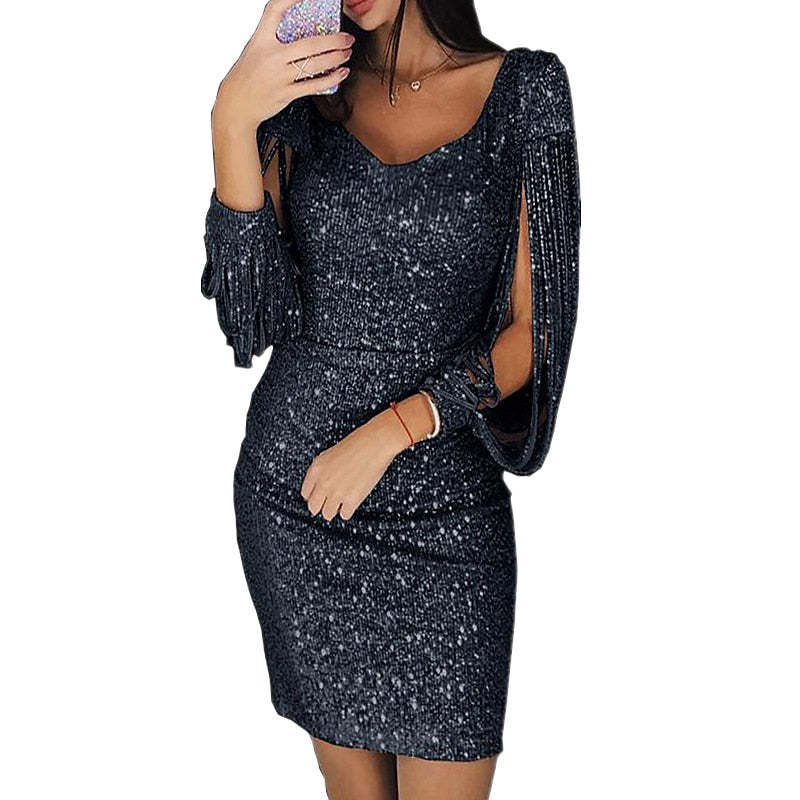 Vintage V-Neck Mini Dress with Long Sleeves Sequins and Tassel Fringe