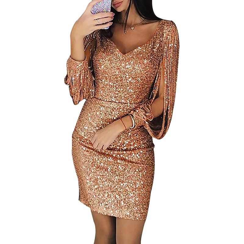 Vintage V-Neck Mini Dress with Long Sleeves Sequins and Tassel Fringe
