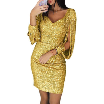 Vintage V-Neck Mini Dress with Long Sleeves Sequins and Tassel Fringe