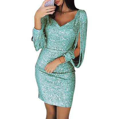 Vintage V-Neck Mini Dress with Long Sleeves Sequins and Tassel Fringe