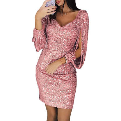Vintage V-Neck Mini Dress with Long Sleeves Sequins and Tassel Fringe