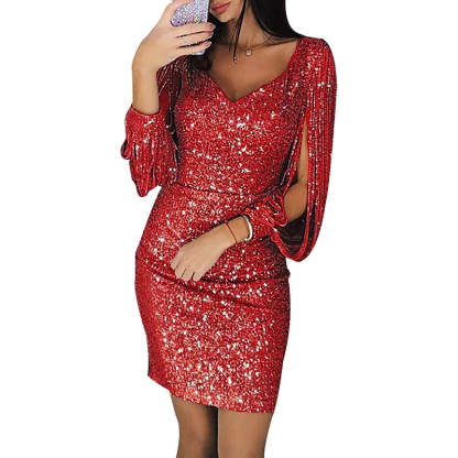 Vintage V-Neck Mini Dress with Long Sleeves Sequins and Tassel Fringe