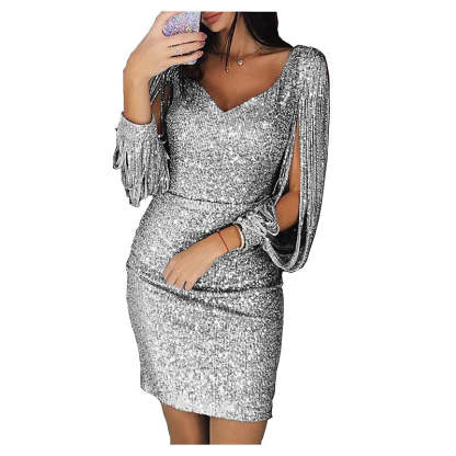 Vintage V-Neck Mini Dress with Long Sleeves Sequins and Tassel Fringe