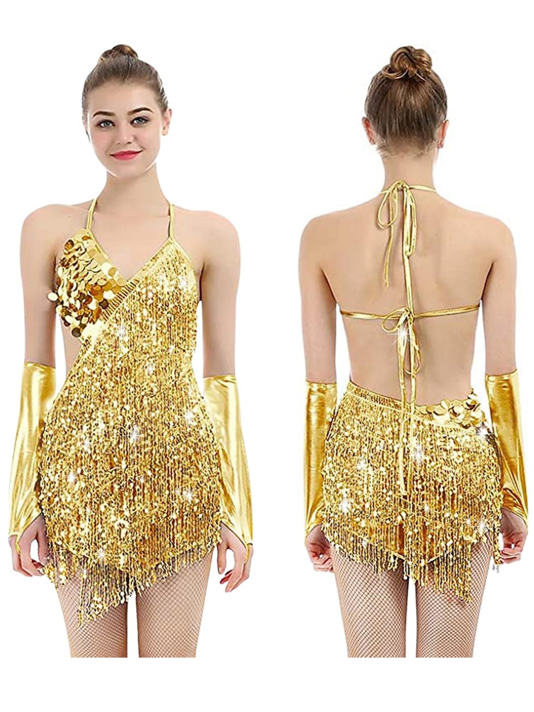 Vintage V-Neck Halter Mini Dress with Sequins and Tassel Fringe in A-Line/Princess Style