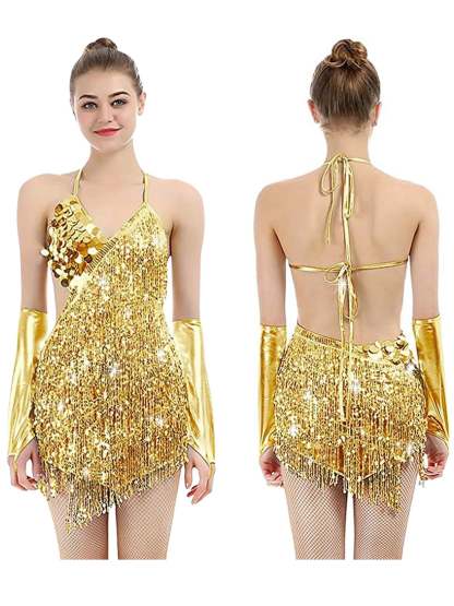 Vintage V-Neck Halter Mini Dress with Sequins and Tassel Fringe in A-Line/Princess Style