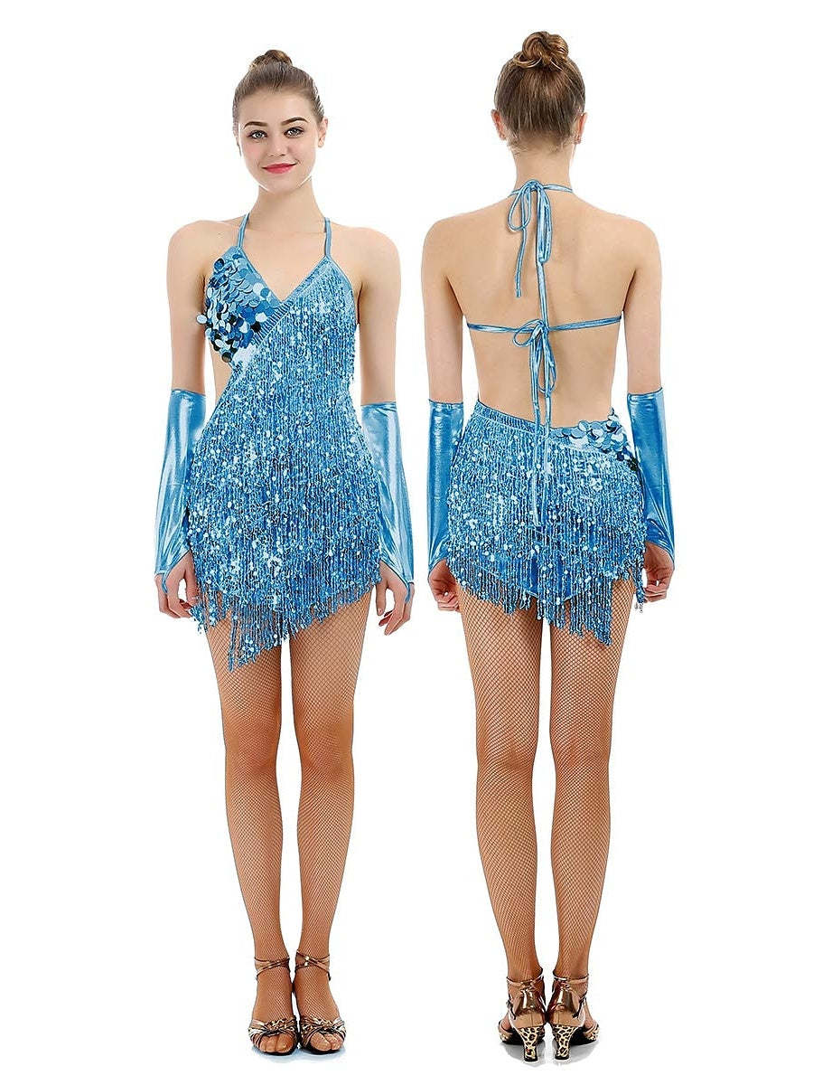 Vintage V-Neck Halter Mini Dress with Sequins and Tassel Fringe in A-Line/Princess Style