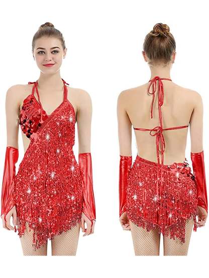 Vintage V-Neck Halter Mini Dress with Sequins and Tassel Fringe in A-Line/Princess Style