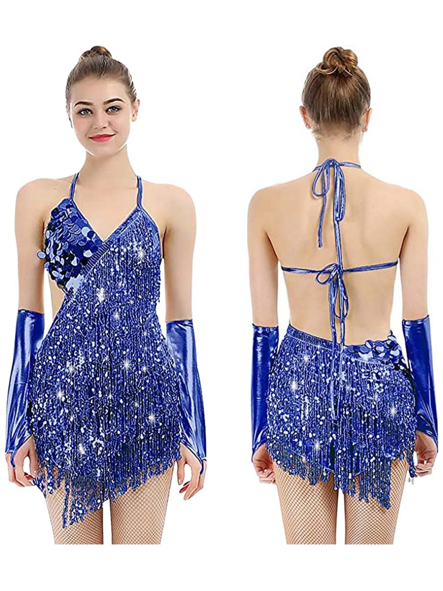 Vintage V-Neck Halter Mini Dress with Sequins and Tassel Fringe in A-Line/Princess Style