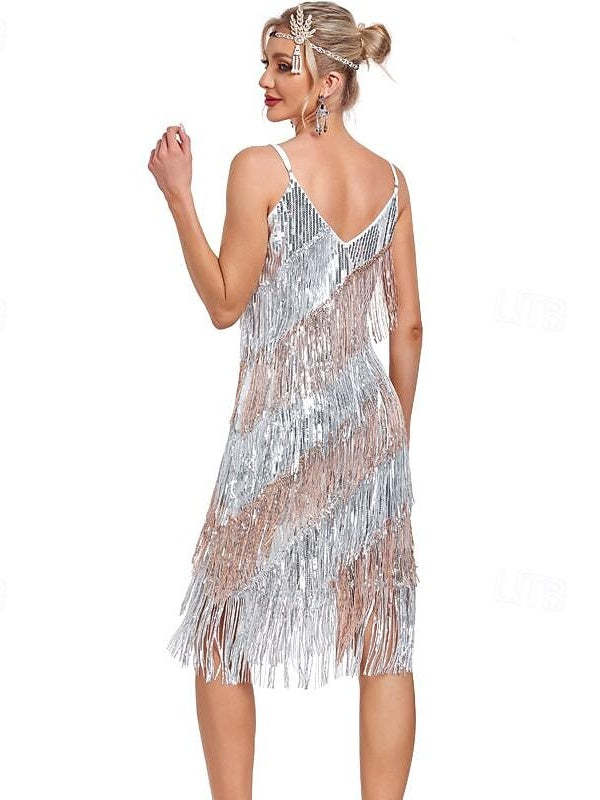 Vintage V-Neck Spaghetti Strap A-Line Princess Dress with Sequins & Tassel Fringe Knee-Length and Sleeveless-BMbridal.UK