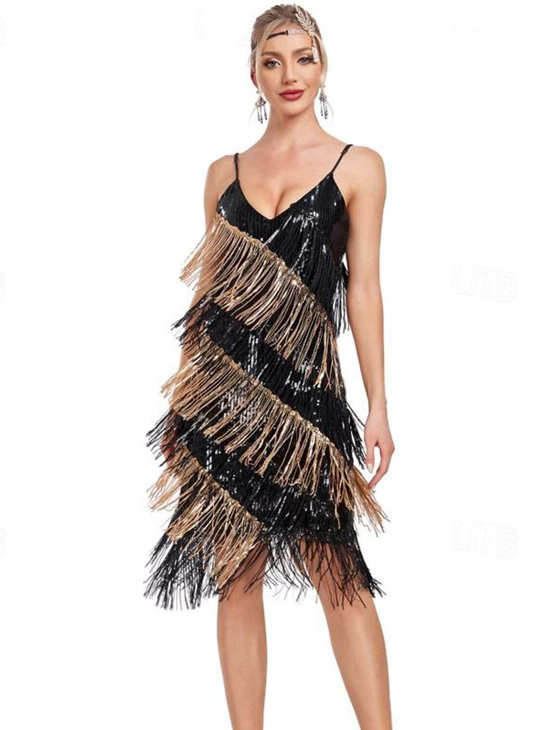 Vintage V-Neck Spaghetti Strap A-Line Princess Dress with Sequins & Tassel Fringe Knee-Length and Sleeveless-BMbridal.UK