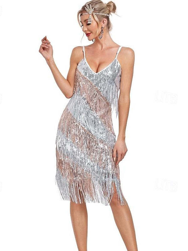 Vintage V-Neck Spaghetti Strap A-Line Princess Dress with Sequins & Tassel Fringe Knee-Length and Sleeveless-BMbridal.UK