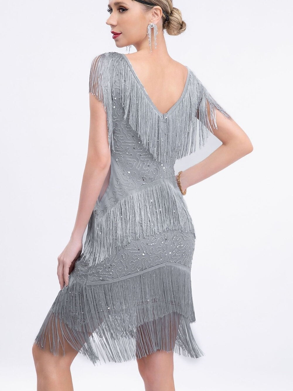 Vintage V-Neck Sleeveless Knee-Length Dress with Sequins & Tassel Fringe