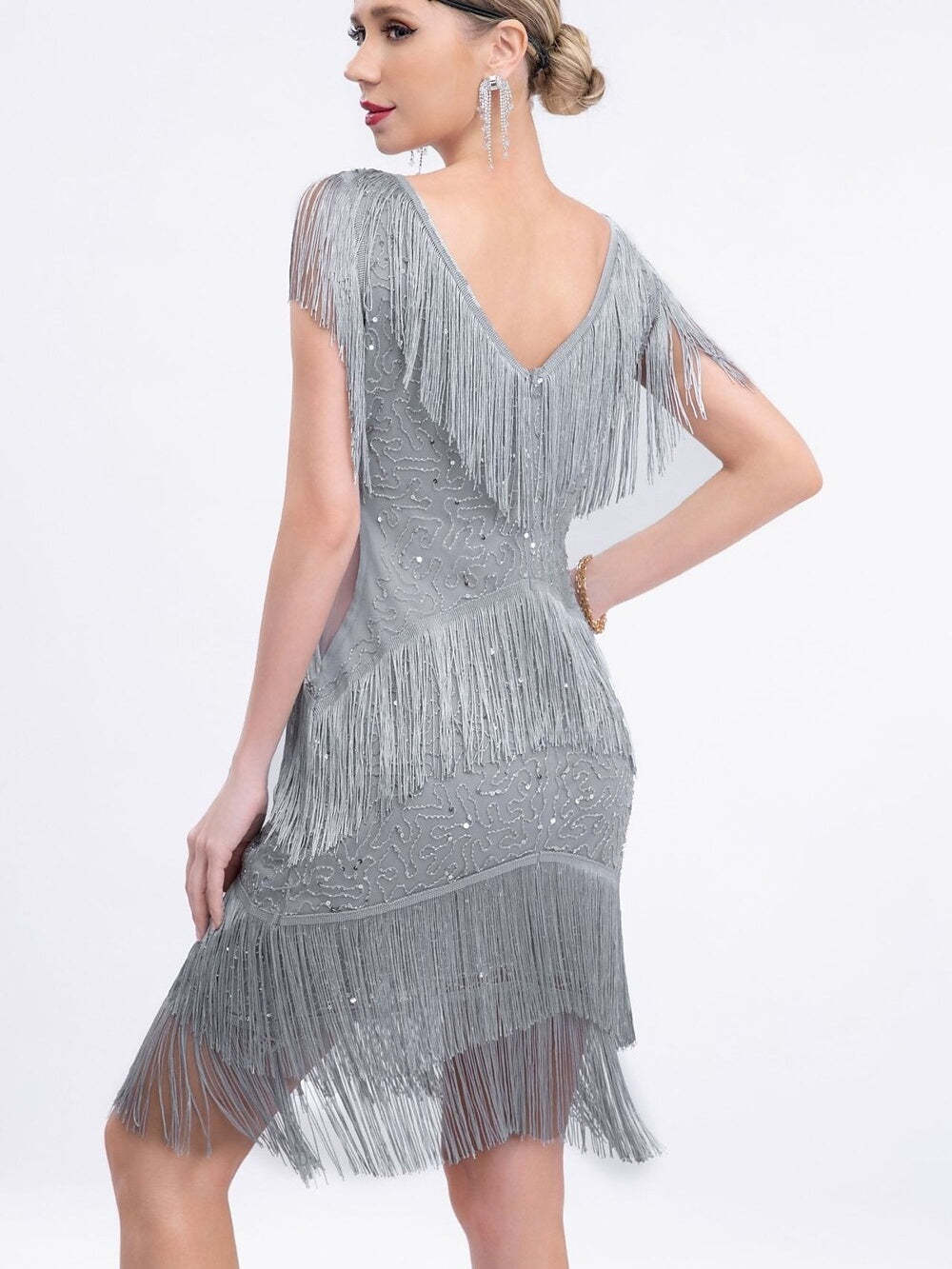 Vintage V-Neck Sleeveless Knee-Length Dress with Sequins & Tassel Fringe
