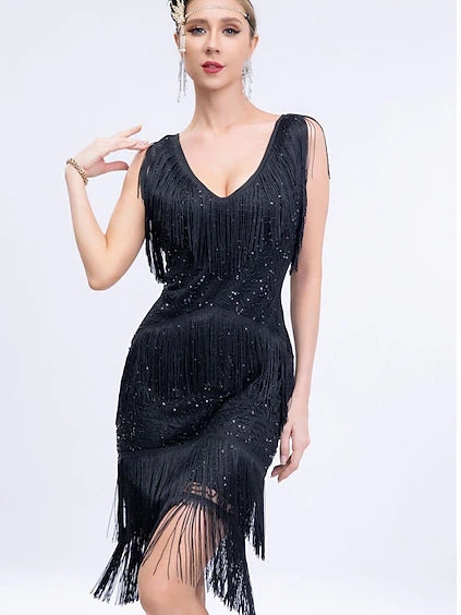Vintage V-Neck Sleeveless Knee-Length Dress with Sequins & Tassel Fringe