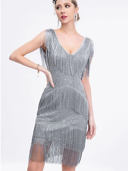 Vintage V-Neck Sleeveless Knee-Length Dress with Sequins & Tassel Fringe