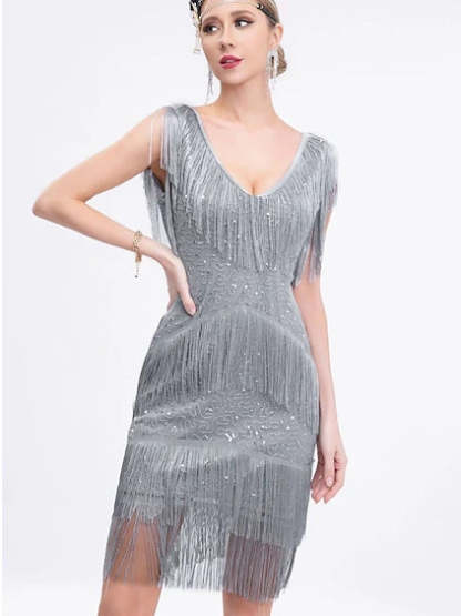 Vintage V-Neck Sleeveless Knee-Length Dress with Sequins & Tassel Fringe