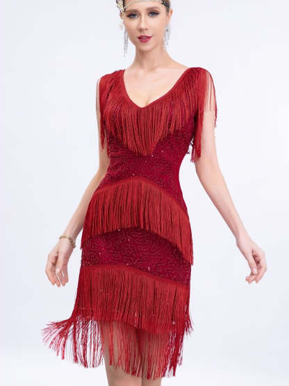 Vintage V-Neck Sleeveless Knee-Length Dress with Sequins & Tassel Fringe