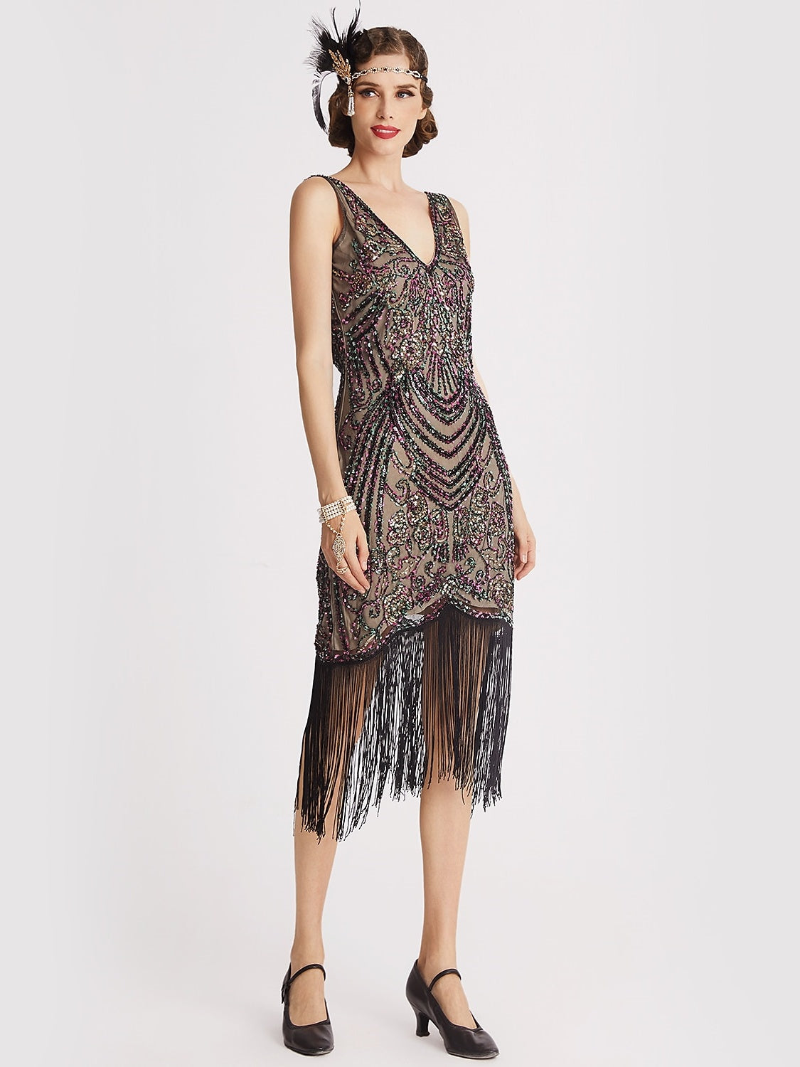 Vintage V-Neck A-Line Princess Dress Knee-Length and Sleeveless with Sequins & Tassel Fringe