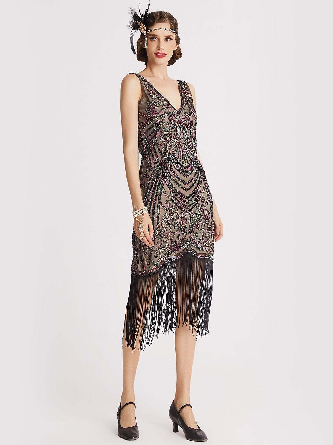 Vintage V-Neck A-Line Princess Dress Knee-Length and Sleeveless with Sequins & Tassel Fringe