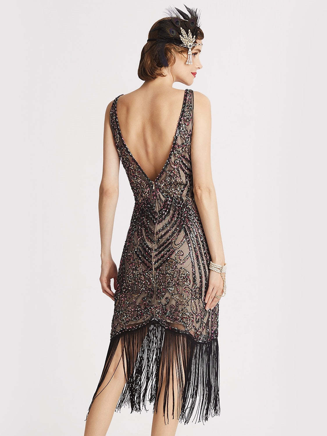 Vintage V-Neck A-Line Princess Dress Knee-Length and Sleeveless with Sequins & Tassel Fringe