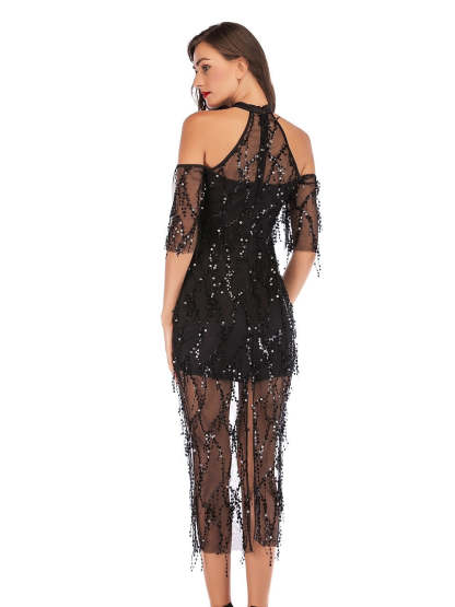 Vintage Tea-Length Halter Dress with Short Sleeves and Sequins