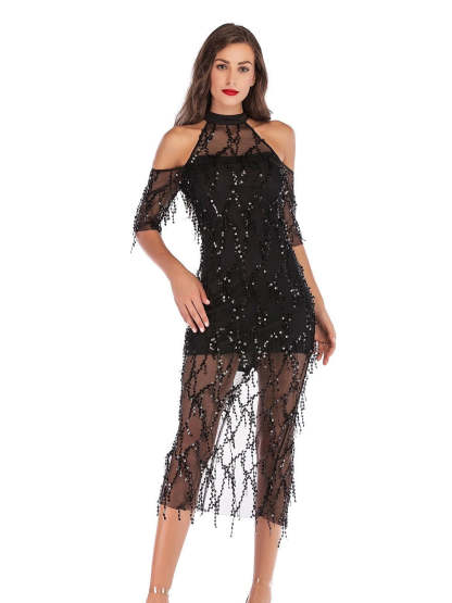 Vintage Tea-Length Halter Dress with Short Sleeves and Sequins