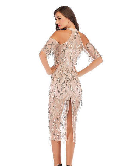 Vintage Tea-Length Halter Dress with Short Sleeves and Sequins