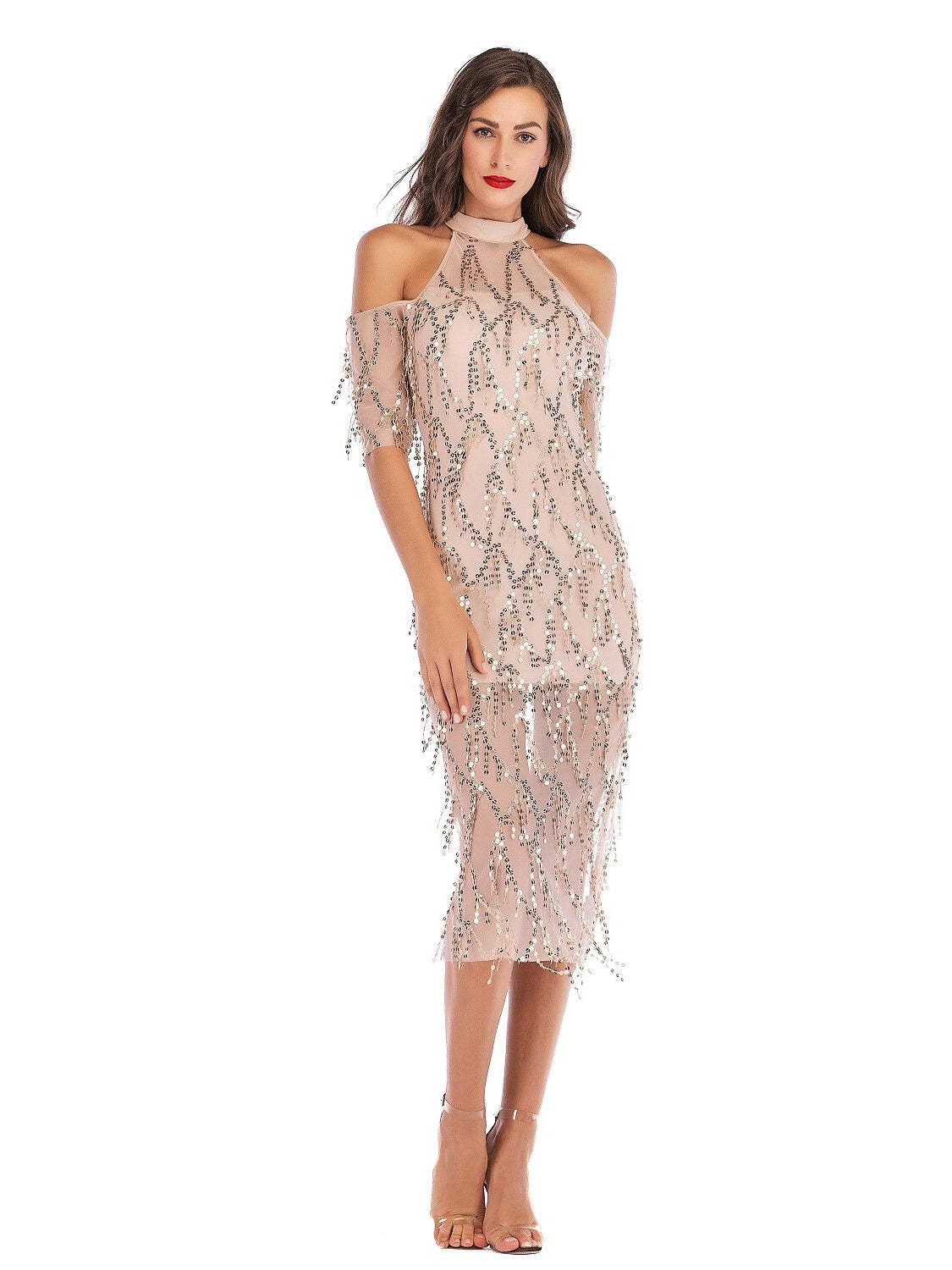 Vintage Tea-Length Halter Dress with Short Sleeves and Sequins