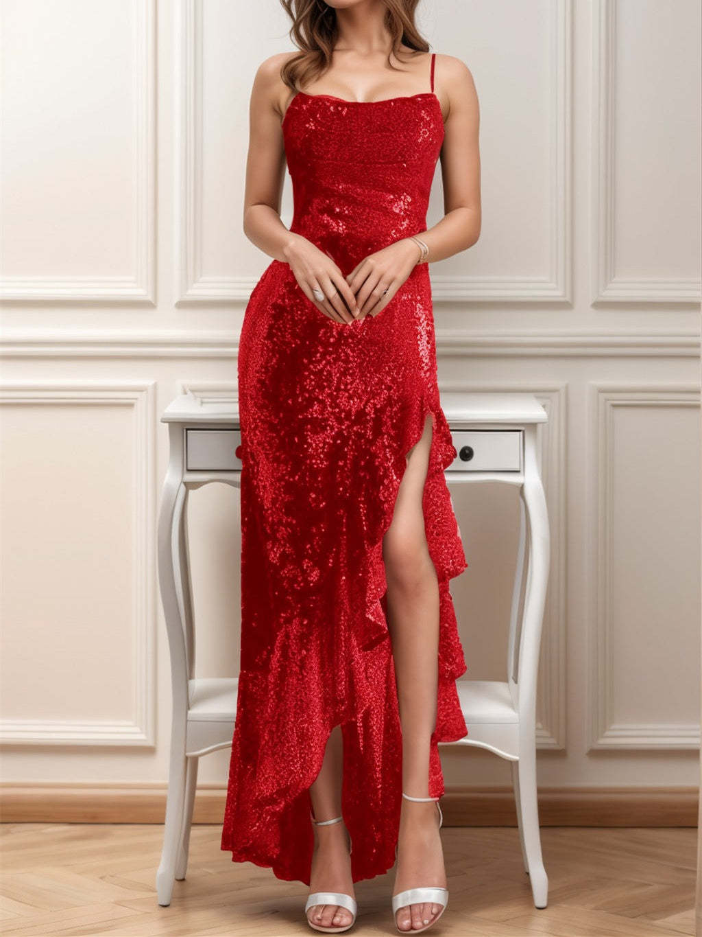 Asymmetrical Evening Gowns with Spaghetti Strap Sheath/Column Silhouettes