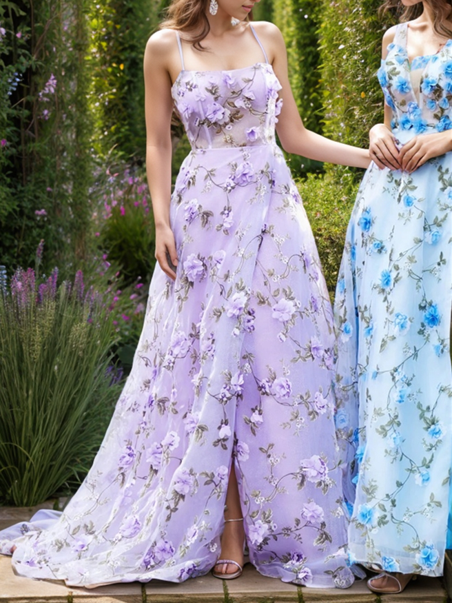 Evening Dresses with A-Line Princess Sweep and Brush Train Floral Designs