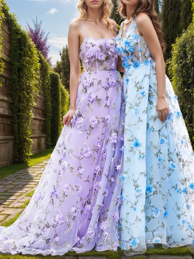 Evening Dresses with A-Line Princess Sweep and Brush Train Floral Designs