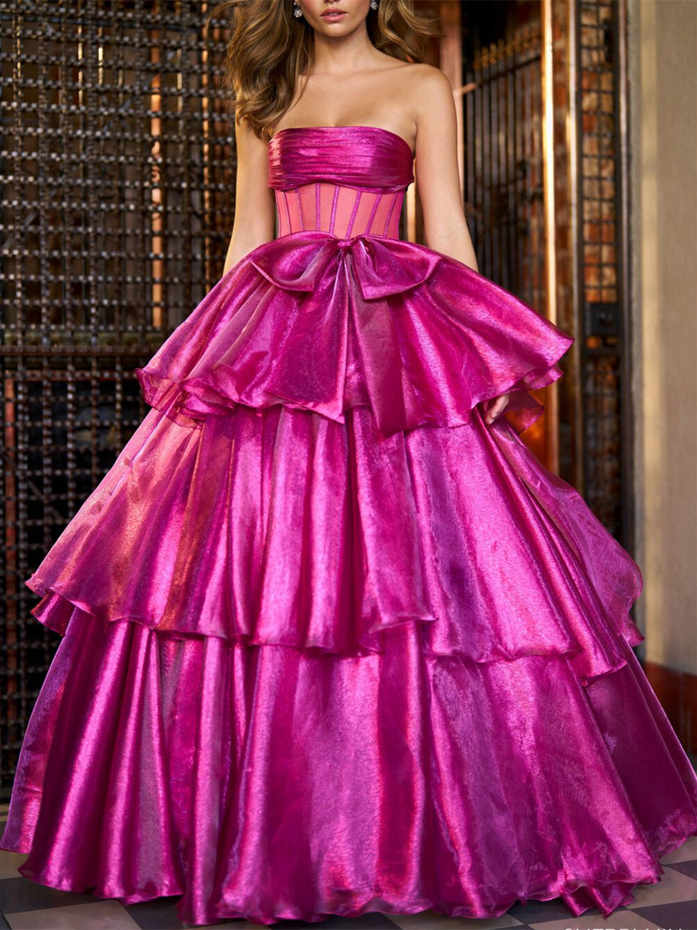 Strapless Floor-Length Ball Gown with Ruffles for Evening