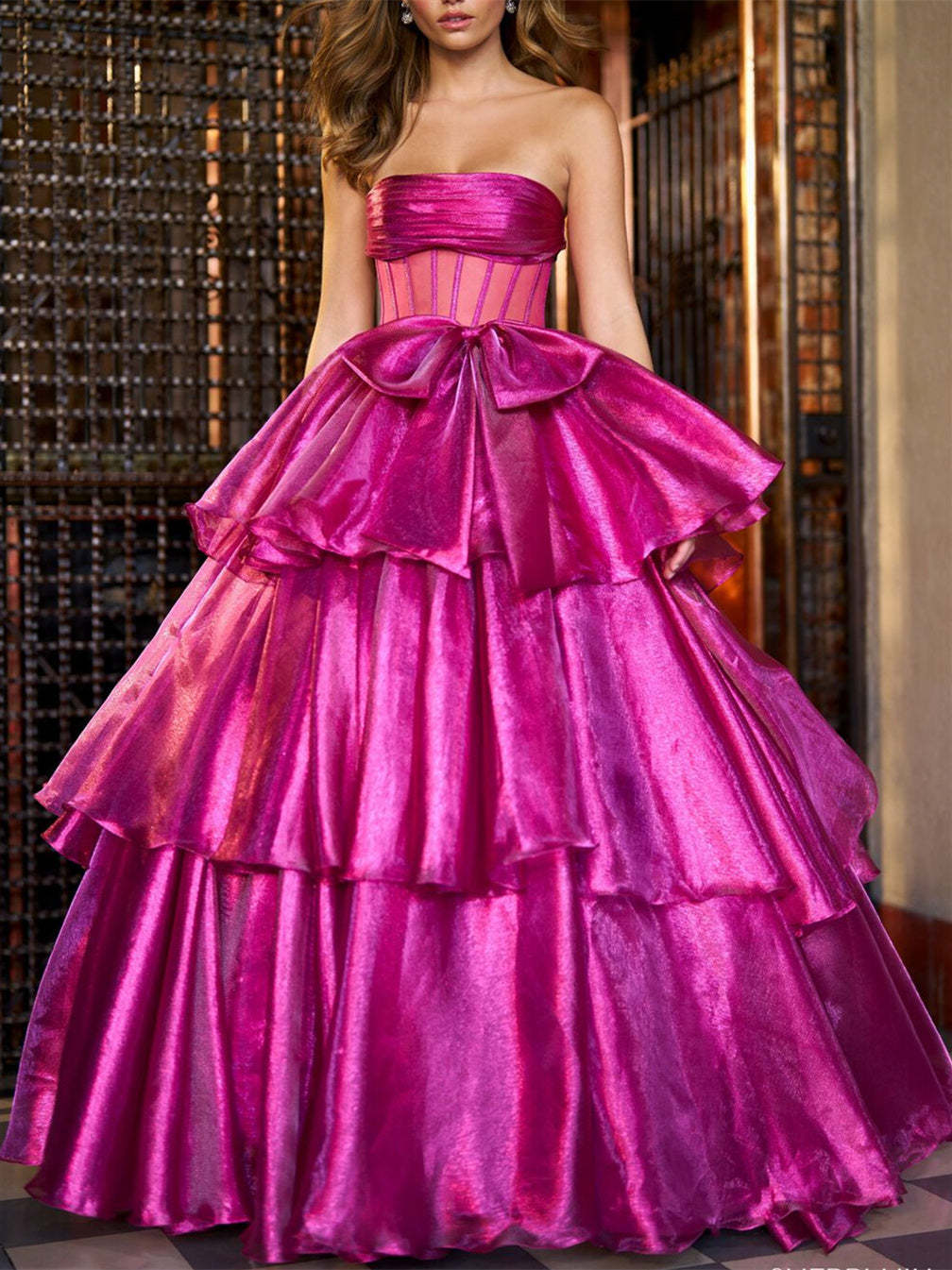Strapless Floor-Length Ball Gown with Ruffles for Evening