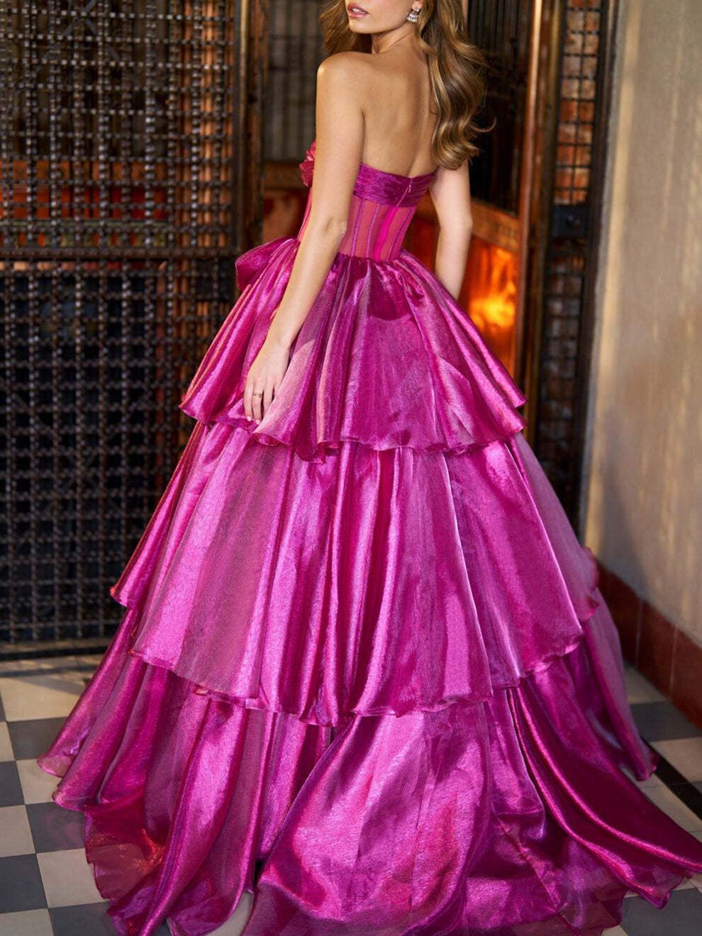 Strapless Floor-Length Ball Gown with Ruffles for Evening