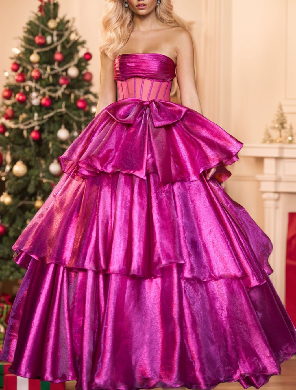 Strapless Floor-Length Ball Gown with Ruffles for Evening