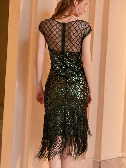 Vintage Jewel Neck A-Line Princess Tea-Length Dress with Sequins Sleeveless