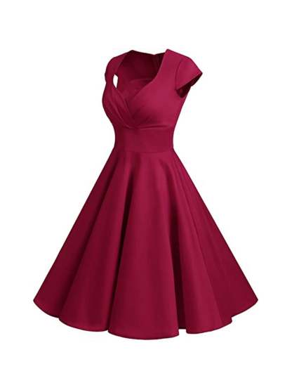 Vintage V-Neck A-Line Princess Dress with Short Sleeves and Knee-Length
