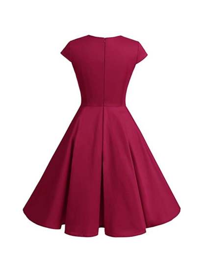 Vintage V-Neck A-Line Princess Dress with Short Sleeves and Knee-Length