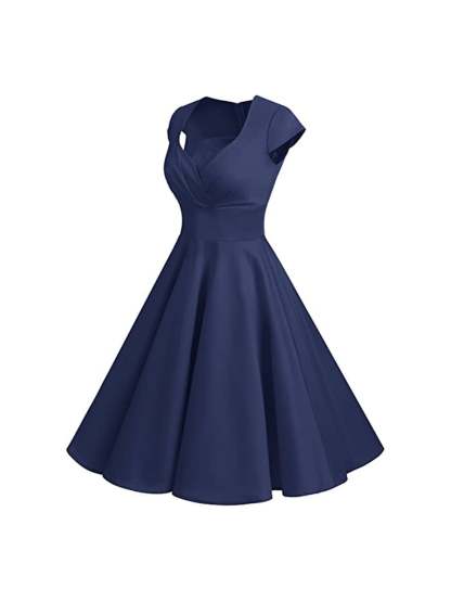 Vintage V-Neck A-Line Princess Dress with Short Sleeves and Knee-Length