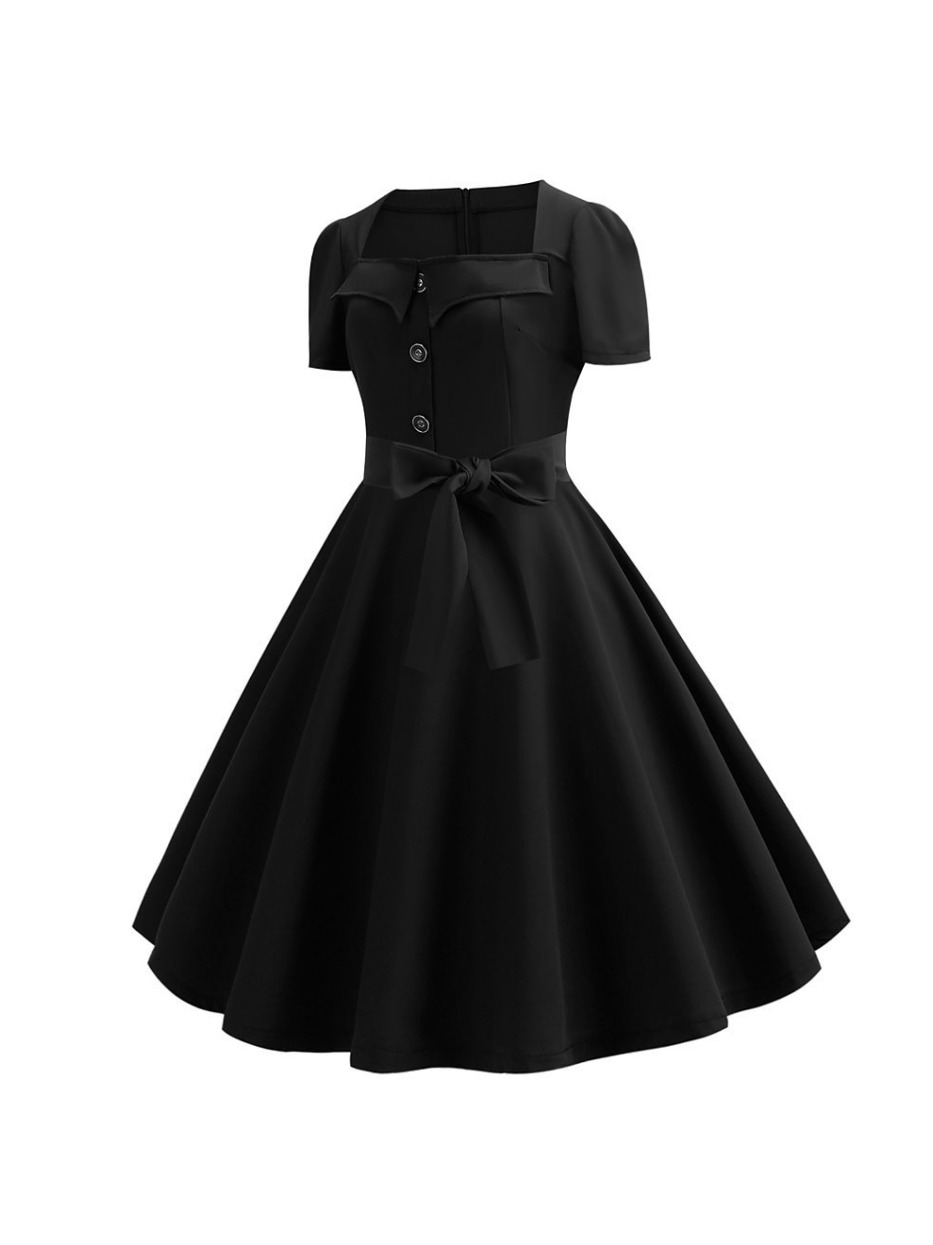 Vintage Tea-Length A-Line Dress With Scoop Neckline Short Sleeves and Knotbow