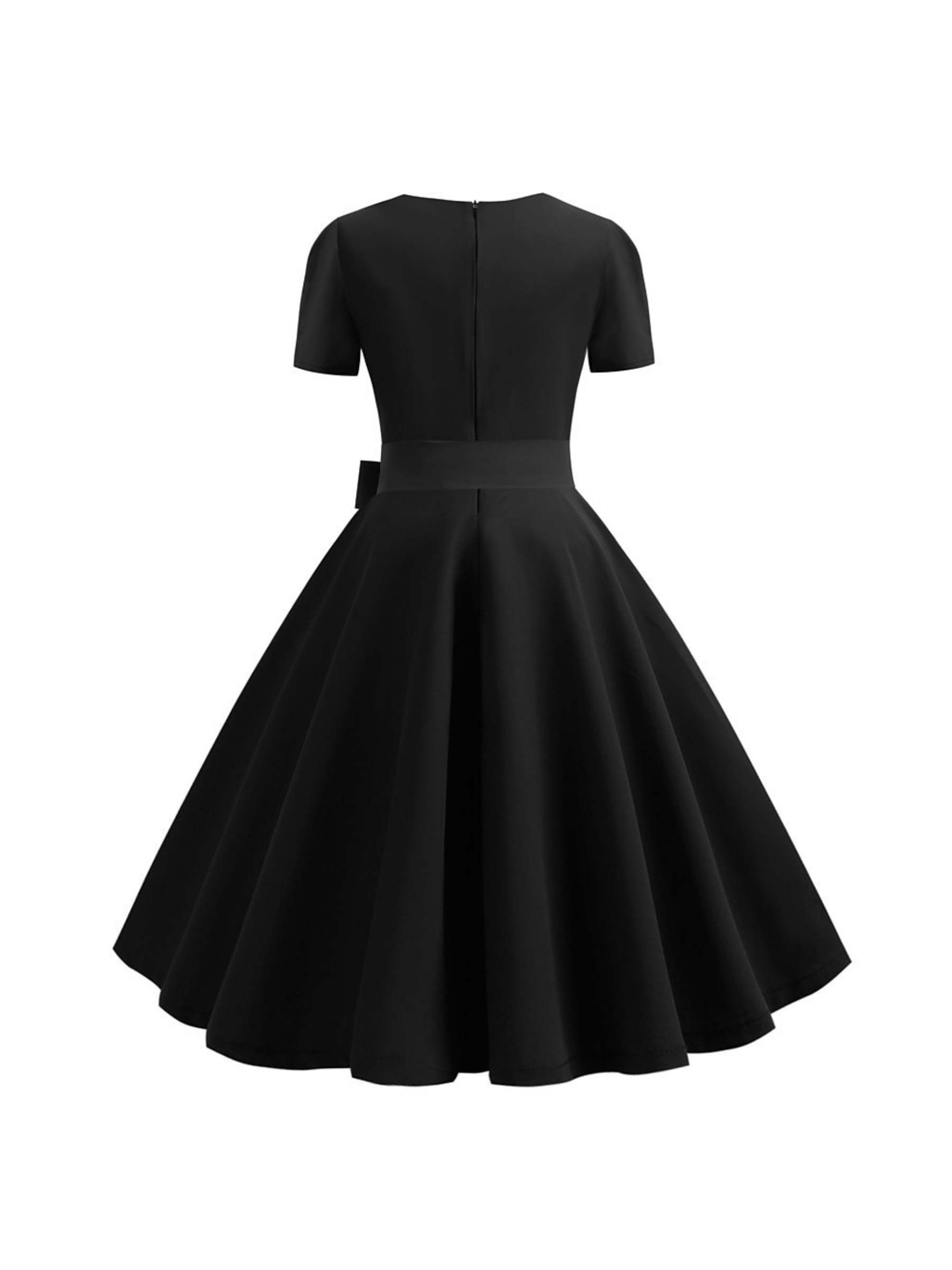 Vintage Tea-Length A-Line Dress With Scoop Neckline Short Sleeves and Knotbow