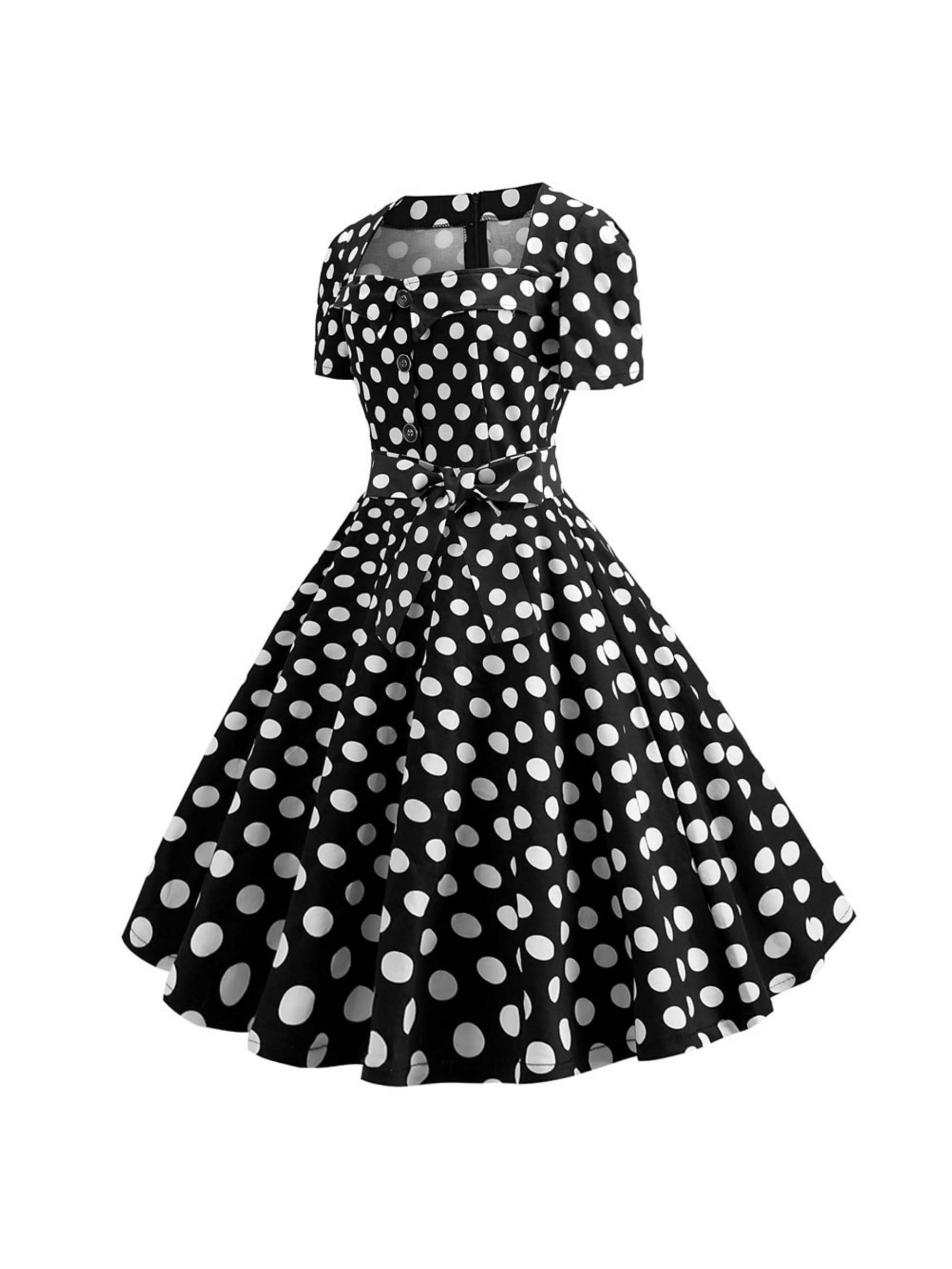 Vintage Tea-Length A-Line Dress With Scoop Neckline Short Sleeves and Knotbow